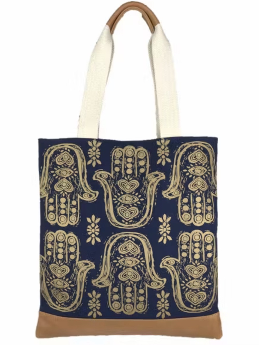 Maya Hamsa Tote for Bloom and Give. Leather and Canvas. Hamsa Hands. Thick.